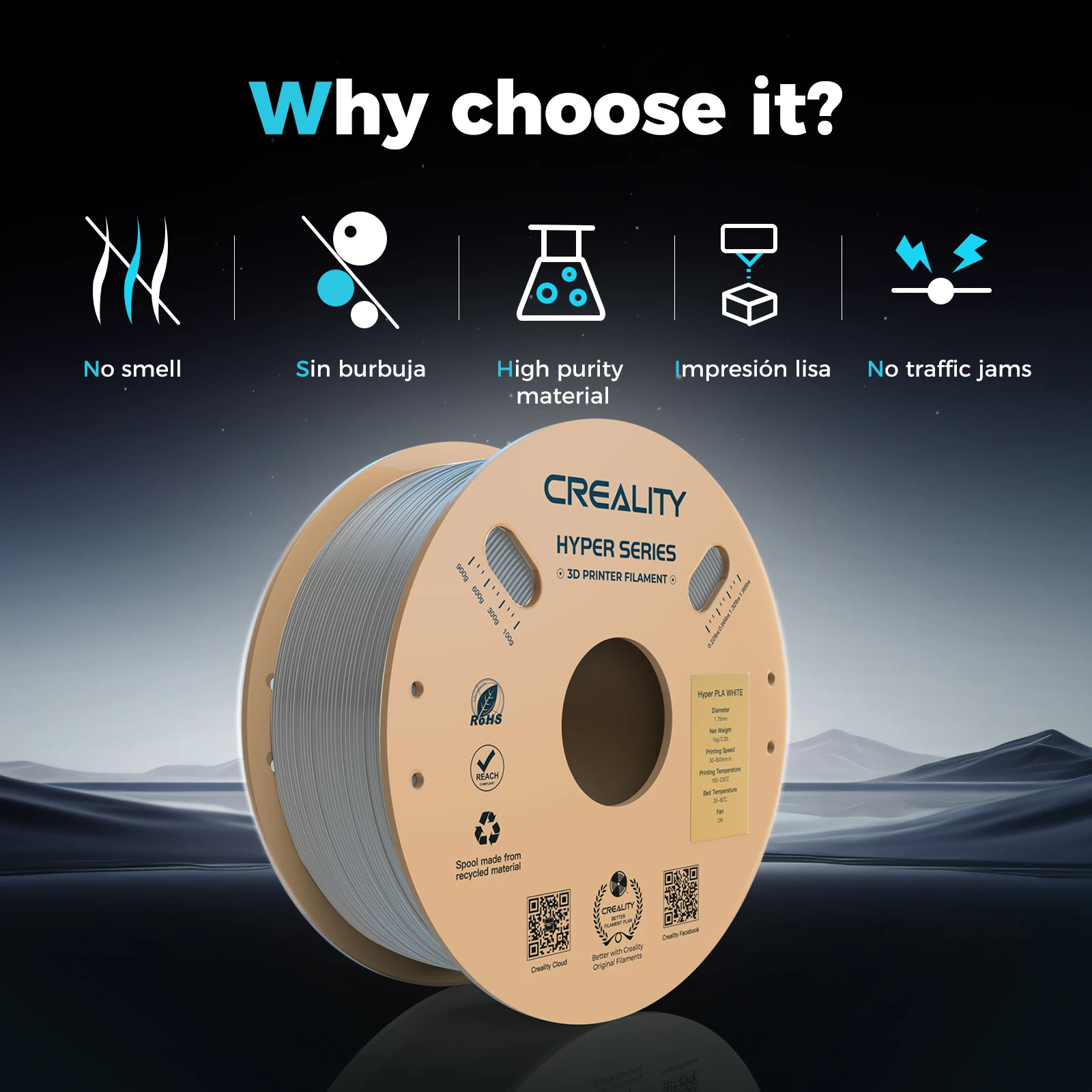 خيوط CREALITY Hyper PLA 1.75 مم 1 كجم 2 لفات من سلسلة Hyper PLA ثلاثية الأبعاد PLA للطابعة Creality K1/K1 Max/Ender-5 S1 FDM ثلاثية الأبعاد