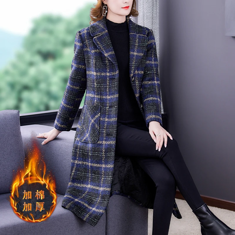 

2023 Winter New Checker Printed Woolen Coat Coat Coat for Women's Thickened and Warm Thousand Bird Plaid Fabric Windbreaker