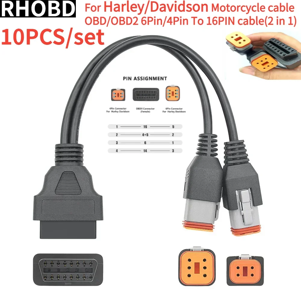 10Pcs/set Latest for Harley Davidson Motorcycle 6Pin 4Pin 2 in 1 To OBD2 Adapter OBD2 Diagnostic Scanner Adapter Cable OBD Tools