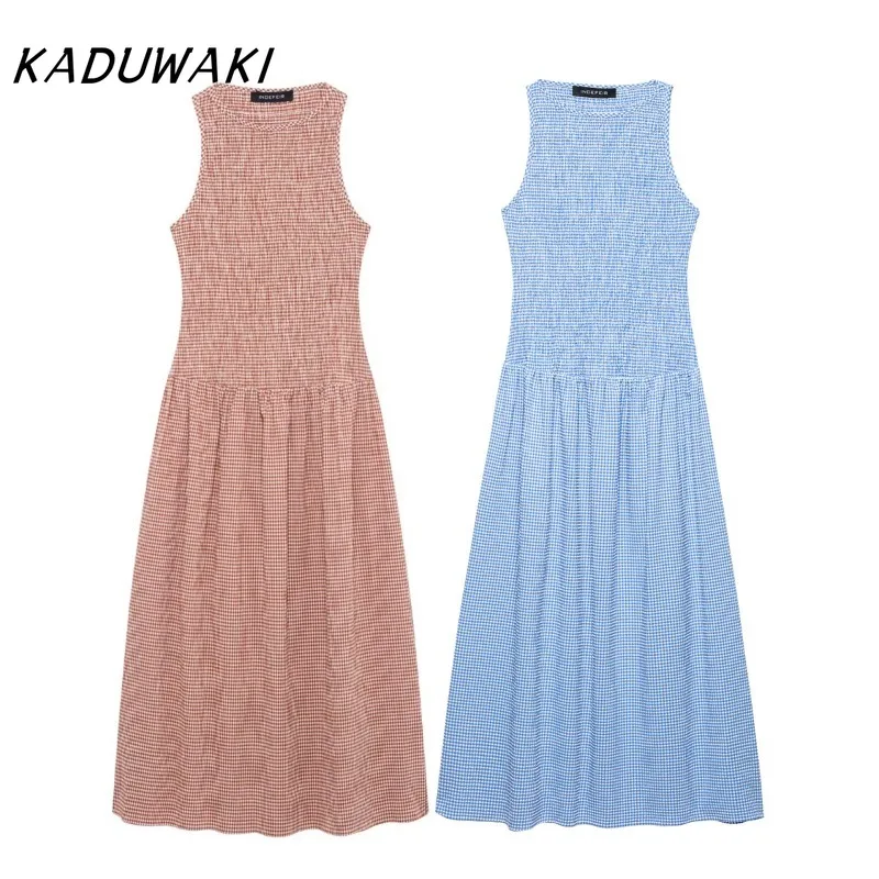 

KADUWAKI Summer Temperament Elastic Chest Fresh Plaid Round Neck Sleeveless Midi Long Dress Female Clothing Streetwear Y2k Dress