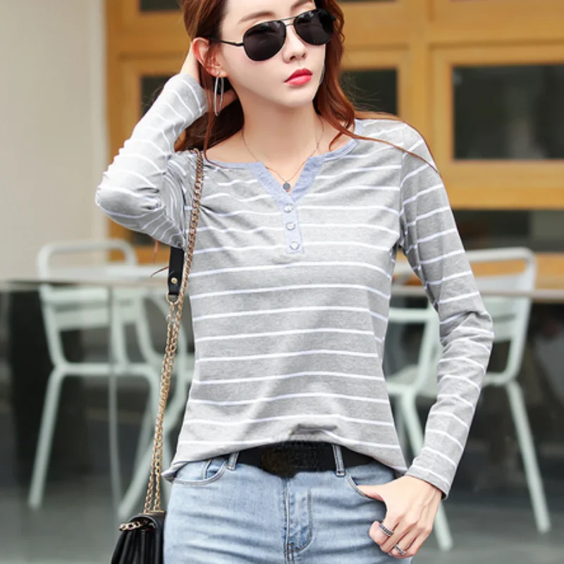 Cotton T-Shirt Women Long Sleeve Striped T Shirt Fashion 2023 Spring Autumn Female Clothes Top Tee Lady V-neck Tops 7215