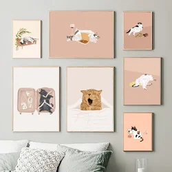 Scandinavian Simple Retro Wall Art Modern Cat Drinking Pizza HD Canvas Poster Print Home Bedroom Living Room Decoration