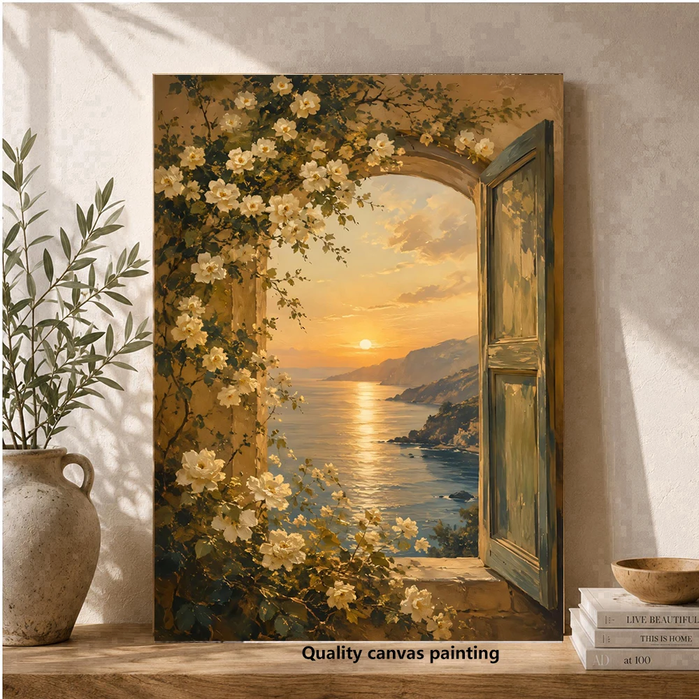 Sunset over coastal cliffs, canvas of view from an open window, wall art of a floral arch, canvas, home decor of natural scenery