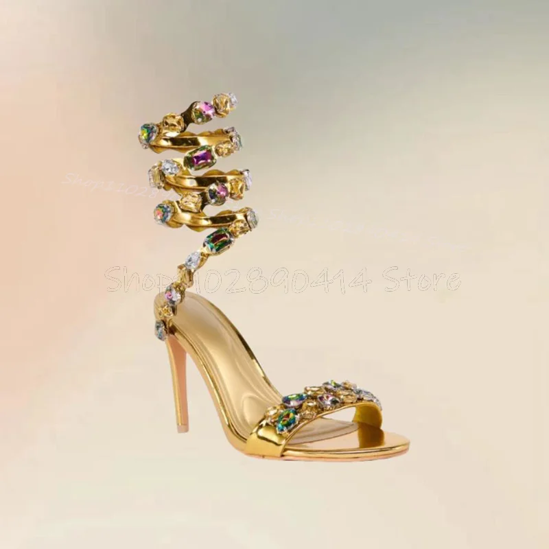 

Colorful Crystal Decor Gold Open Toe Sandals Slip On Women Shoes Thin High Heels Fashion Party Banquet 2024 Zapatos Para Mujere