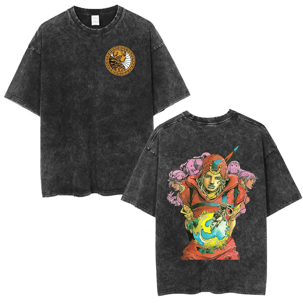 Camiseta Vintage Acid Washed Anime Jojo Bizarre Adventure Johnny Joestar STEEL BALL RUN para Homens e Mulheres em Algodão com Mangas Curtas