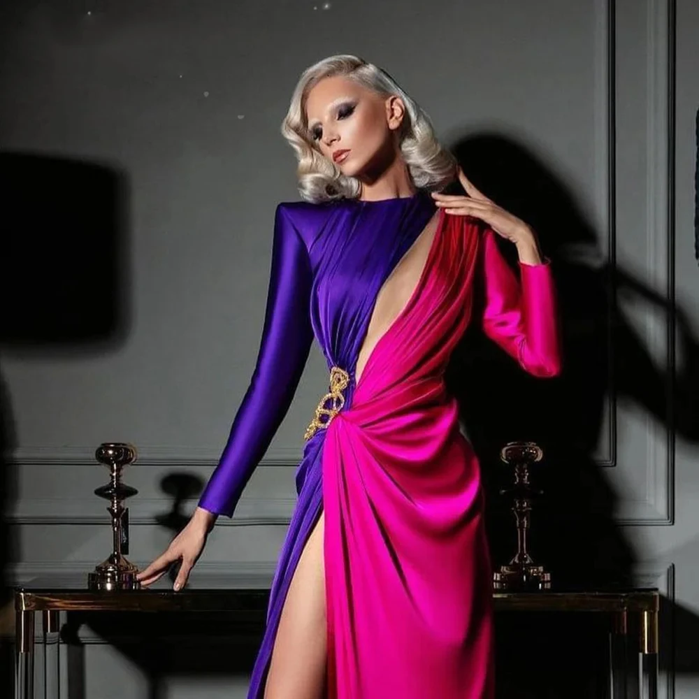 Pink And Purpler Patchwork Satin Side Slit Long Sleeve Evening Dress Sexy Pleated Arabian Dubai Gown for Banquet Party