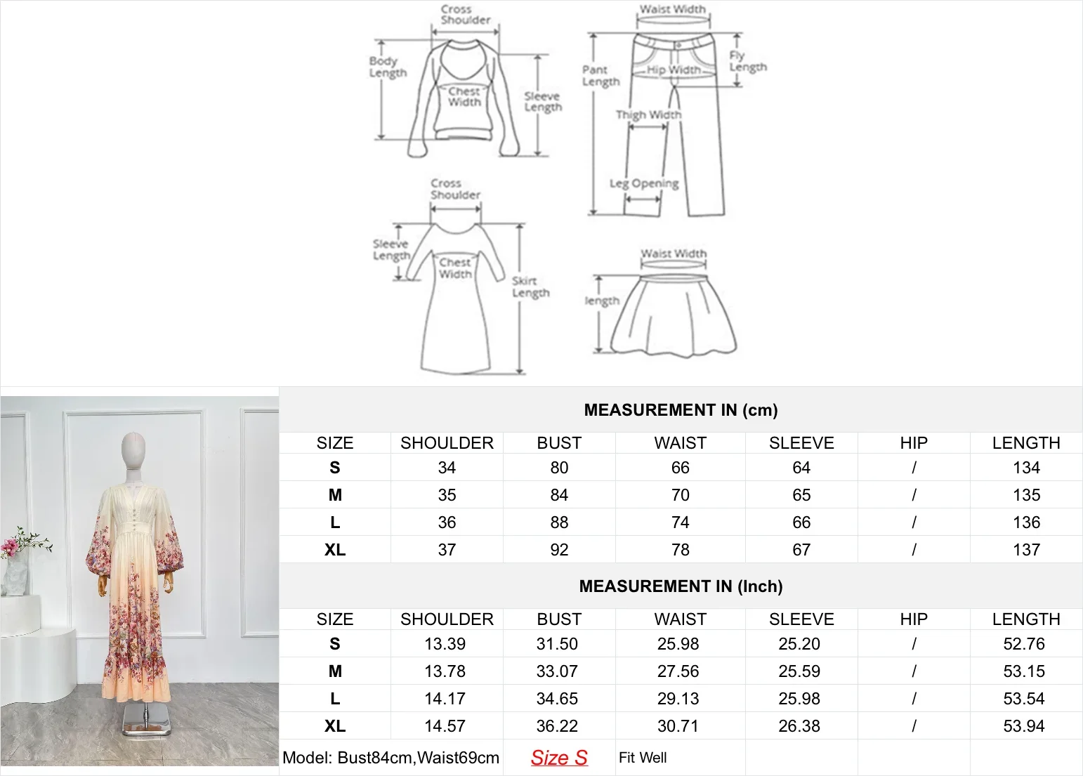 2025 Dames Wit Roze Bloemenprint Midi-jurk met lange mouwen 2025 Nieuw ontwerp