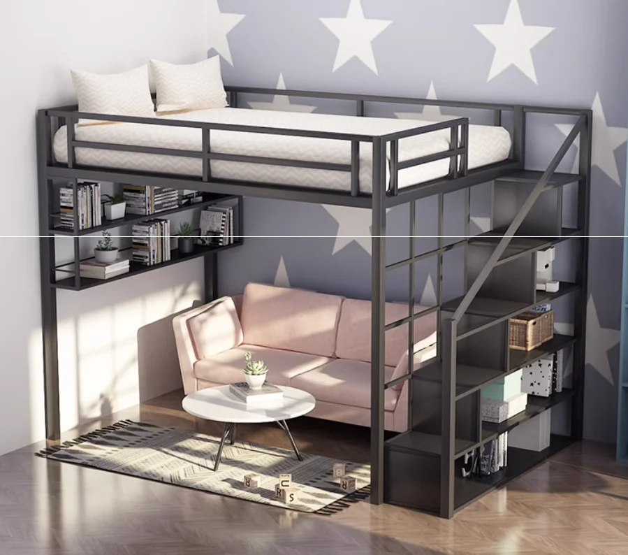 Elevated bed, upper bunk, lower table, bookshelf combination, loft, duplex two-story small apartment, energy-saving hanging bed