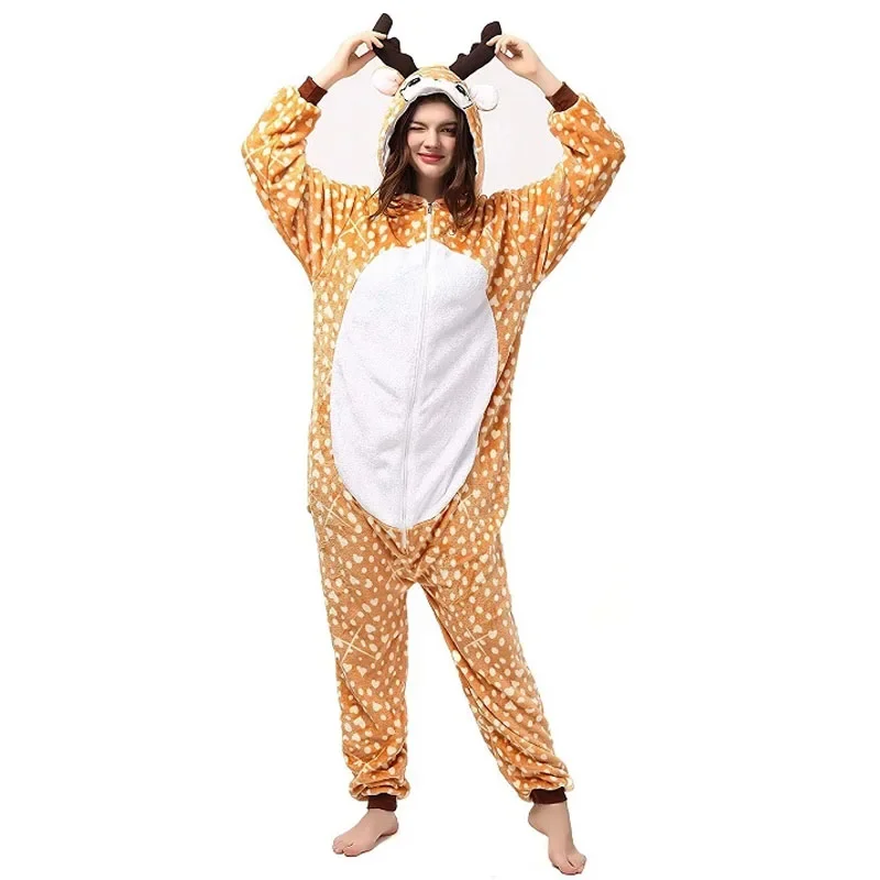 Women Cosplay Kigurumi Cute Christmas Deer Jumpsuit Cartoon Casual Home Style Clothes Adult Animal Warm Onesie