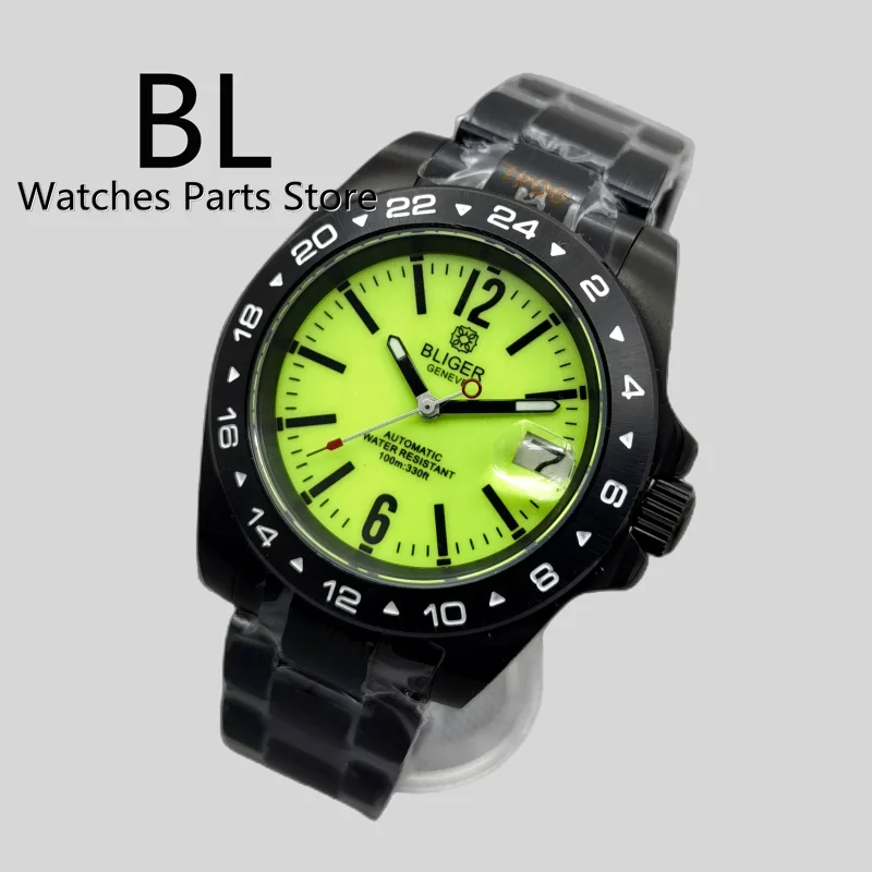 BLIGER New 40mm Men\'s Watch NH35 Automatic Movement Mechanical Wristwatch Black Case Fluorescent Green White Dial Full Luminous