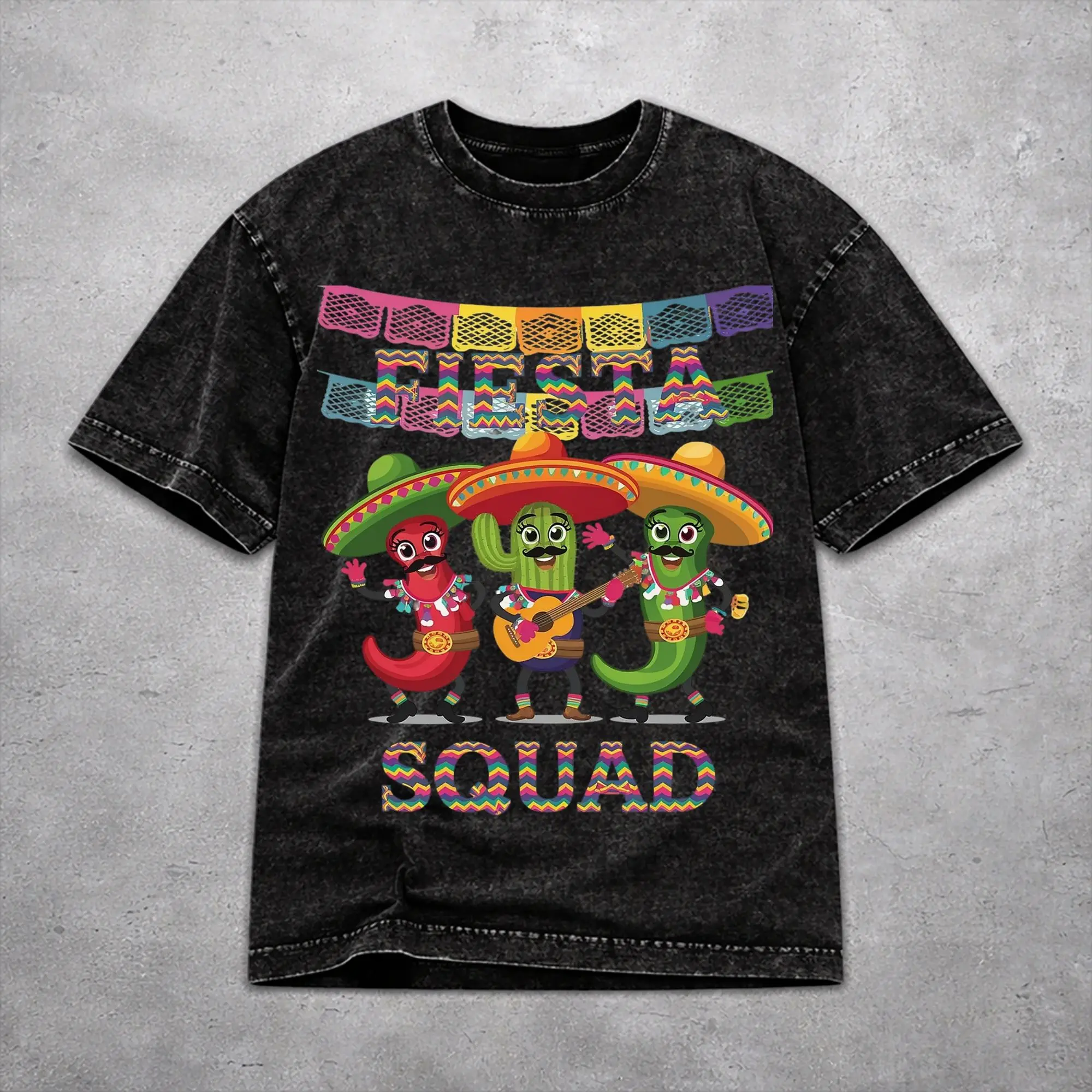 Fiesta Squad Cinco De Mayo Washed T Shirt Vintage Streetwear Men Women  Oversize T-Shirts Short Sleeve