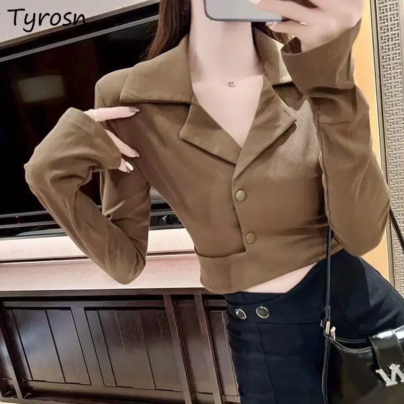 

Рубашки женские, осенний дизайн, расклешенные рукава, для отдыха, женские темпераментные простые однотонные универсальные стильные укороченные топы, тонкие сексуальные повседневные