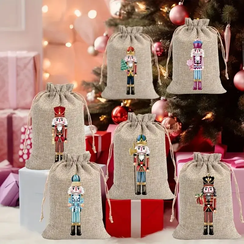VIKAMA 12-teilige Weihnachts-Süßigkeitentüten aus Leinen mit Nussknacker – Aufbewahrungsbeutel für Weihnachtsgeschenke – Geschenkpakete für Weihnachtsfeiern