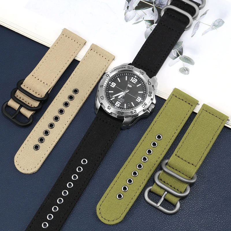 General Brand Woven Canvas Watch Strap With 20/22/24mm Flat Interface Nylon Buckle Watch Belt.