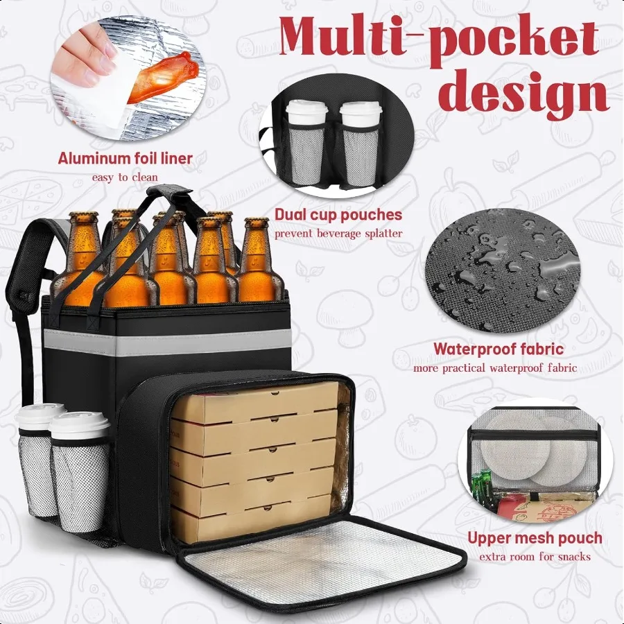 Mochila para entrega de alimentos, bolsa isolada expansível para entrega de alimentos, bicicleta com faixa reflexiva, grande bolsa para entrega de pizza