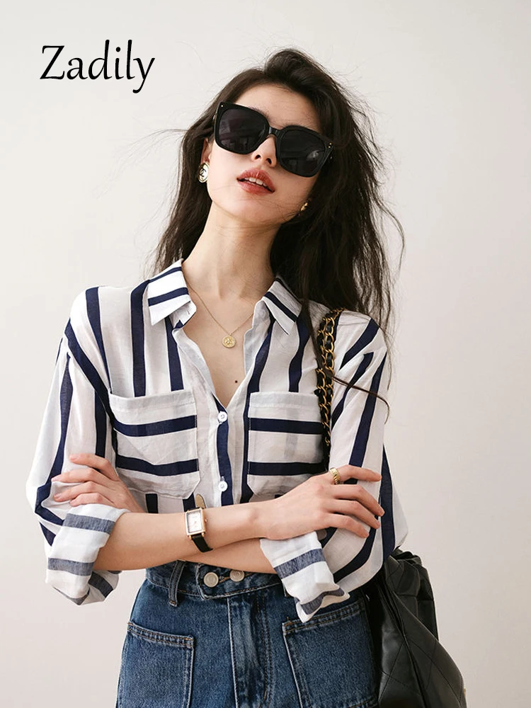 Zadily 2023 Autumn Office Lady Women Basic Shirt Korea Style Button Up Striped Printing Female Work Blouse Loose Clothing Tops