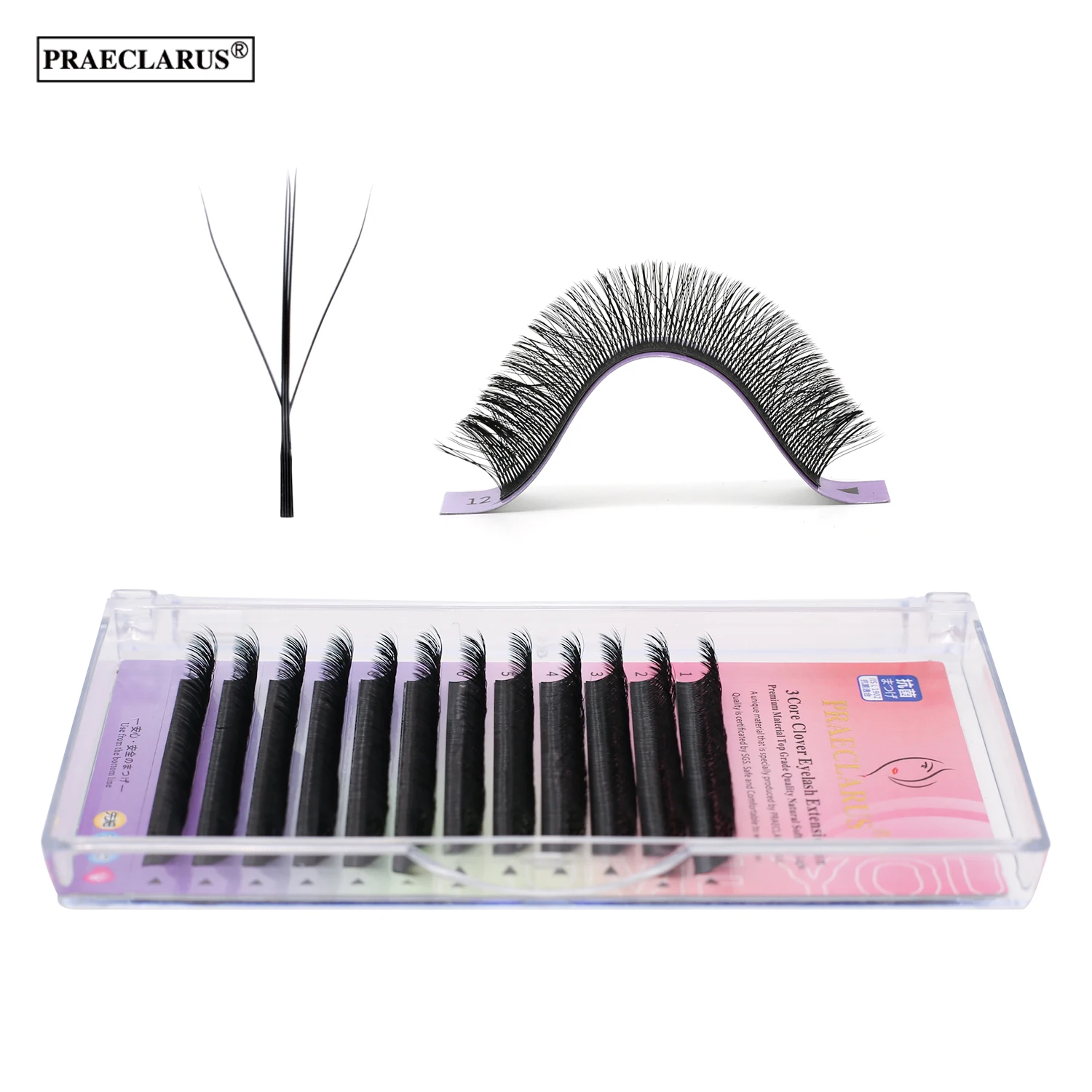 PRAECLARUS 3D Fairy Shape Lashes 12 Rows Eyelashes Premade Volume Fan Natural Soft Light Lashes Triple Tips Eyelashes