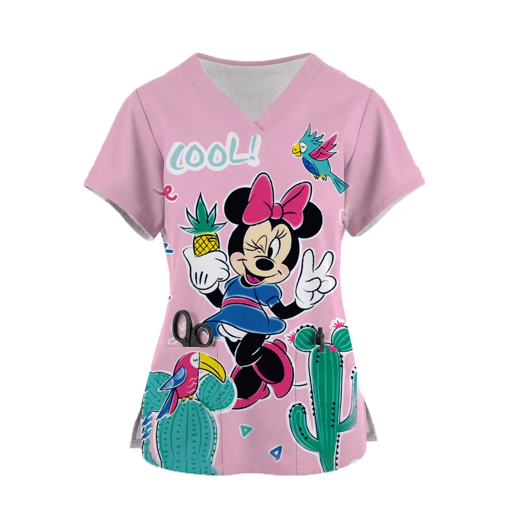 Mickey Mouse Print Scrub Tops Women Dentist Working Uniform Nurse Scrub Uniformes Medicos Para Mujer Tooth Hospital Workwear