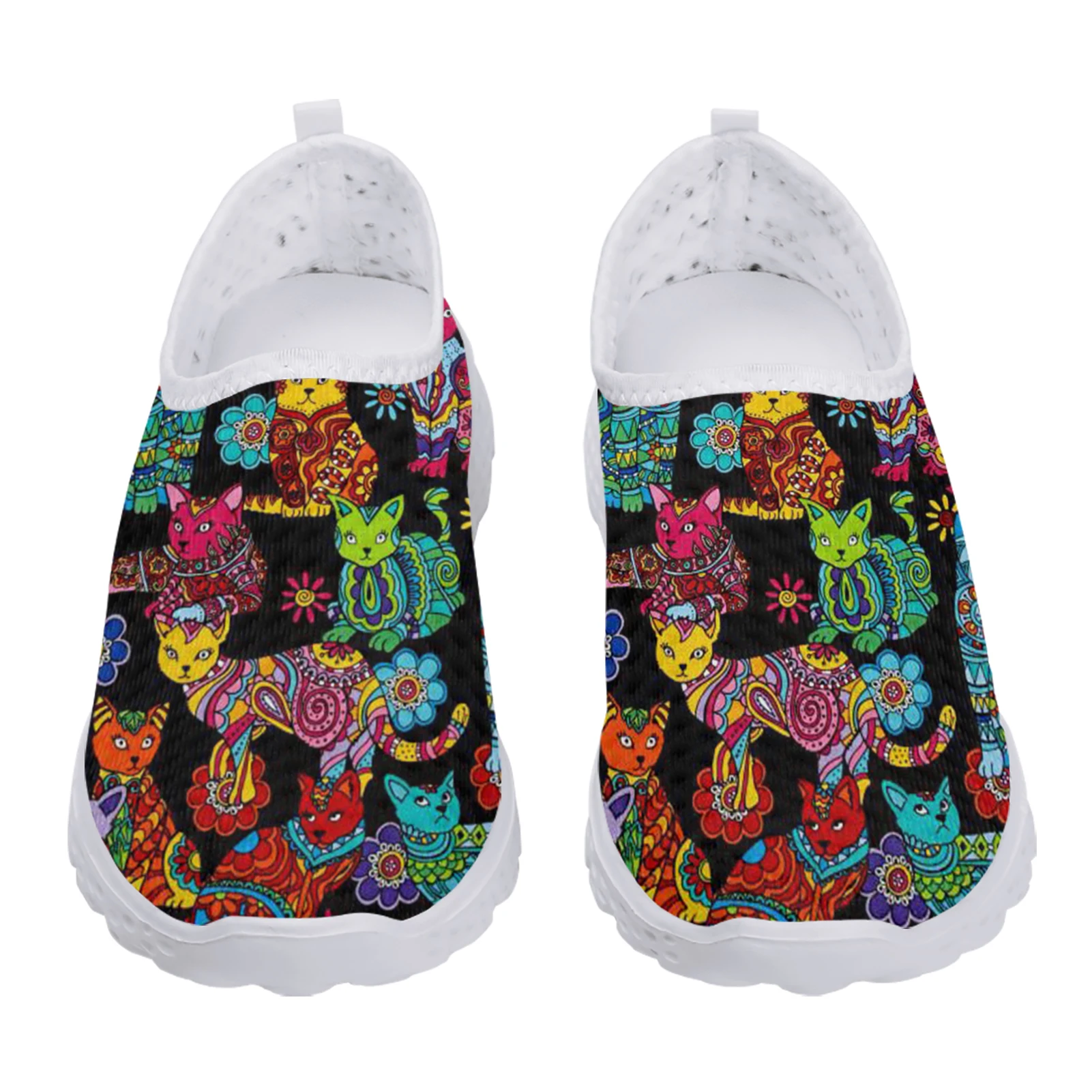 INSTANTARTS Colorful Cartoon Cats Printed Spring Summer Mesh Sneakers Women Casual Flats Super Light Walking Female Flat Shoes