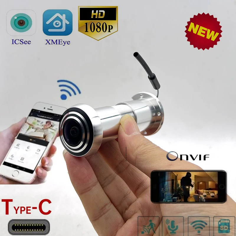 TYPE-C ICSEE WiFi Smart Door Eye Hole Security 1080P FishEye Network Mini Peephole Door Wifi IP Camera P2P TF Card Two Way Audio