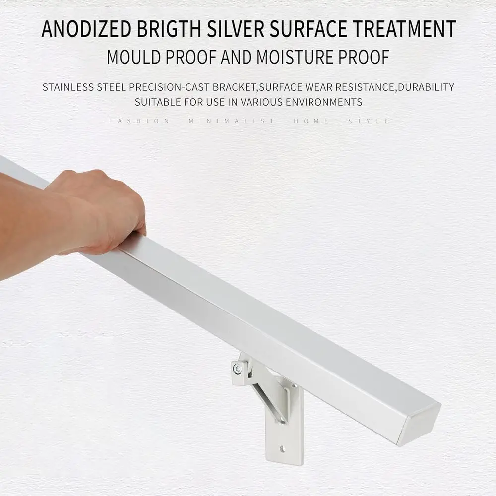 Anodized Shiny Silver Handrail Kit for Stairs - Modern Aluminum Set, 2 x 1 Grab Bar, Adjustable Stainless Steel Brackets, Rust-F