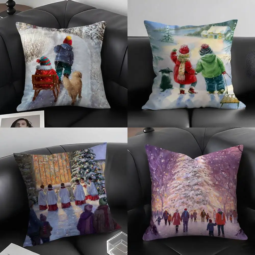 

Christmas Snow Scene Oil Painting Pillow Case Plush Fabric Soft Pillowcase Double Sided Print Cushion Cover Household Gifts
