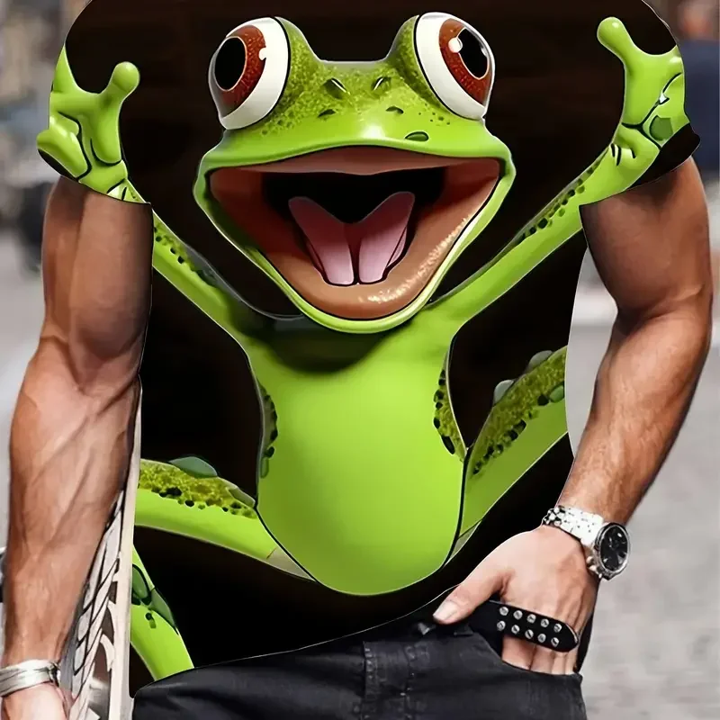 

An interesting T-shirt with frog and tree patterns, suitable for men's summer T-shirts, a casual T-shirt with patterns of wild