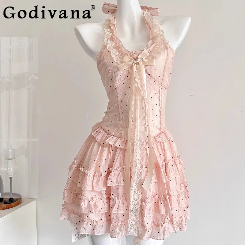 

Summer Spring New Lolita Dress Women Polka Dot Sweet Pure Style Slimming Halter Dress Girls Princess Puff Short Dress Female