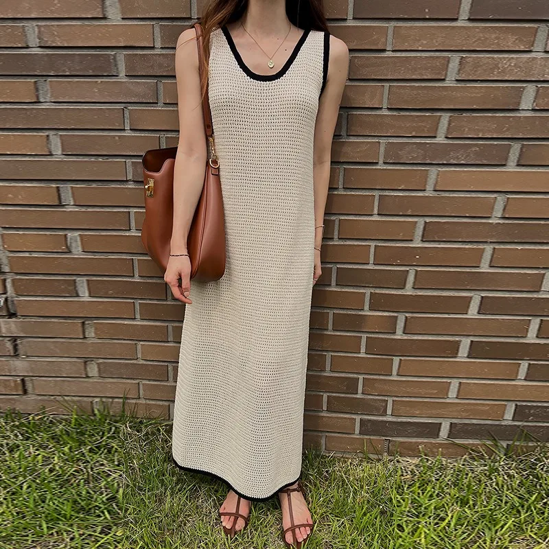 U الرقبة المرقعة عطلة محبوك فستان طويل المرأة الصيف فو الكتان مستقيم البلوز ميدي فستان الشمس الإناث ملابس امرأة 2025