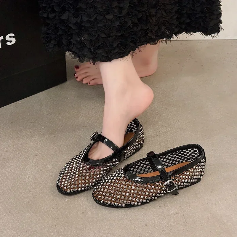 Luxury Crystal Rhinestone Fishnet Ballet Flats Woman Brand Design Rivet Studs Mesh Mary Jane Shoes Ladies Summer Cut Out Loafers