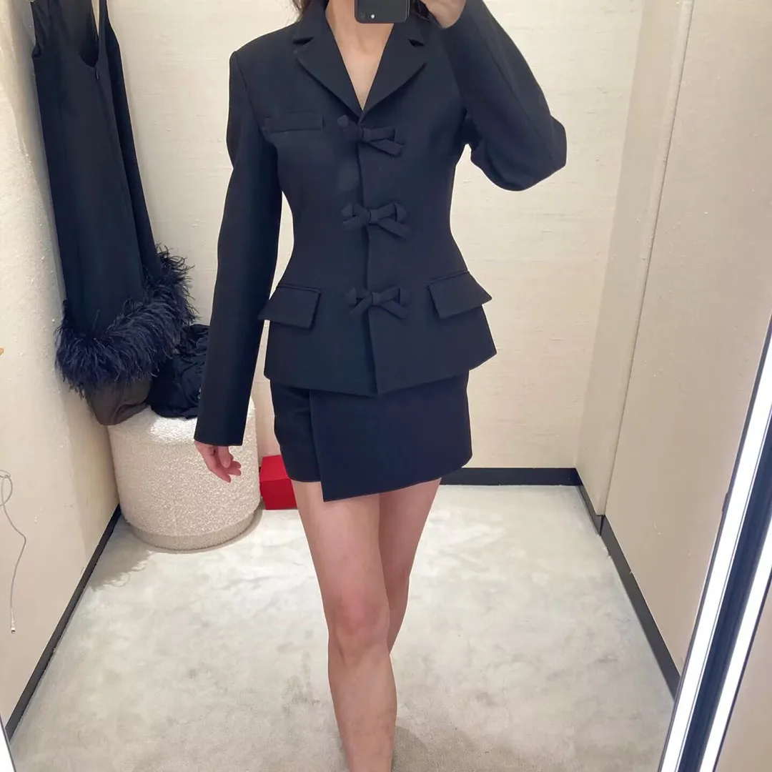 2024 New Fashion Black Blazer Suit Women Notched Sweet Bow Single Breasted Long Sleeve Slim Casual Autumn Jacket