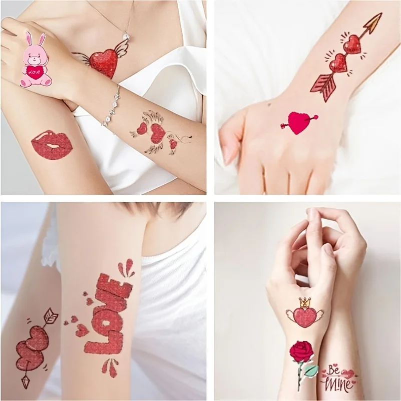 10pcs/set Valentines Heart Tattoos Temporary Waterproof Red Love Fake Tattoss Decal Stickers for Kids Girls Boys Women Face Body