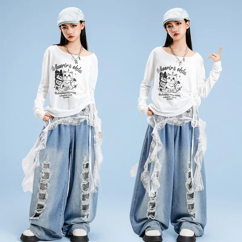 

Kid Kpop Hip Hop Clothing White Side Ruched T Shirt Denim Blue Casual Ripped Baggy Jeans Pants for Girl Dance Costumes Clothes