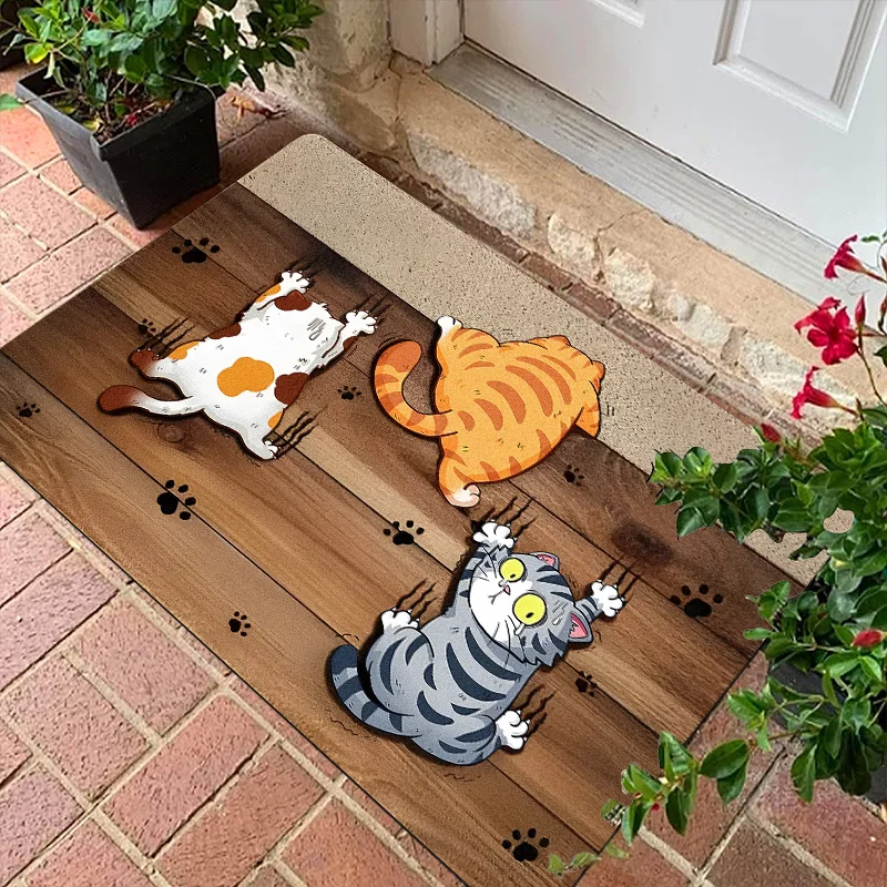 Cute Cartoon Welcome Door Mat with Multiple Cat Wood Grain Retro Element Pattern Printed Mat, Polyester Mat, Soft Floor Mat