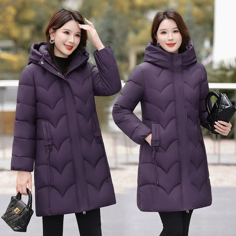 

Winter Cotton Padded Jacket Hooded Solid Color Thick Parkas Warm Loose Long Overcoat Middle Aged and Grandma Snow Coat Female