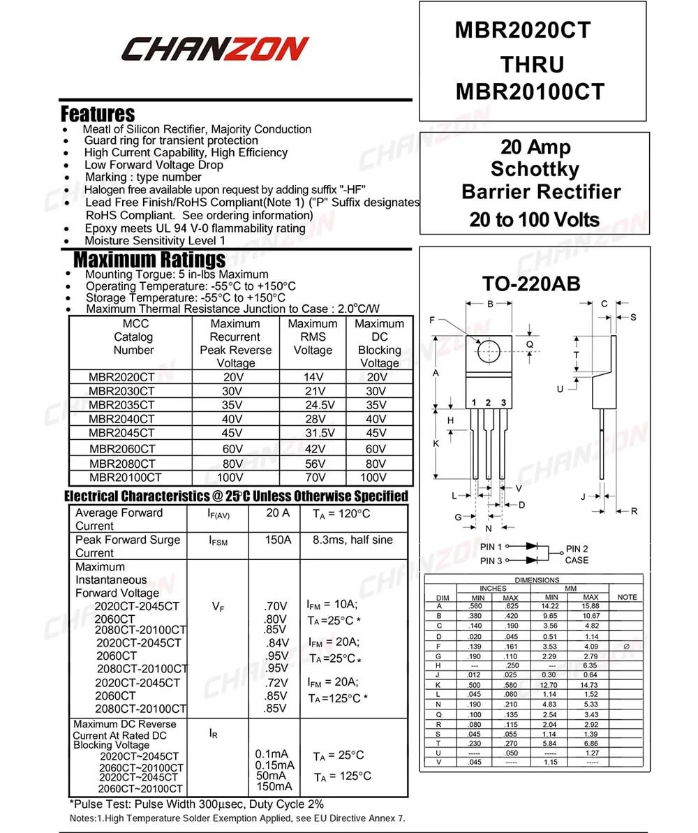 10 Pcs Chanzon MBR2045CT Schottky Barrier Rectifier Diodes 20A 45V TO-220AB TO-220 20 Amp 45 Volt