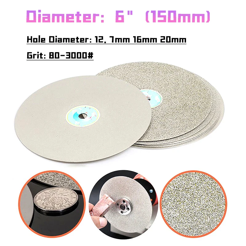 1pcs 6 inch 150mm Grit 80-3000# Two/Single Sided Diamond Coated Flat Lap Wheel Grinding Sanding Polishing Disc Hole 12.7/16/20mm