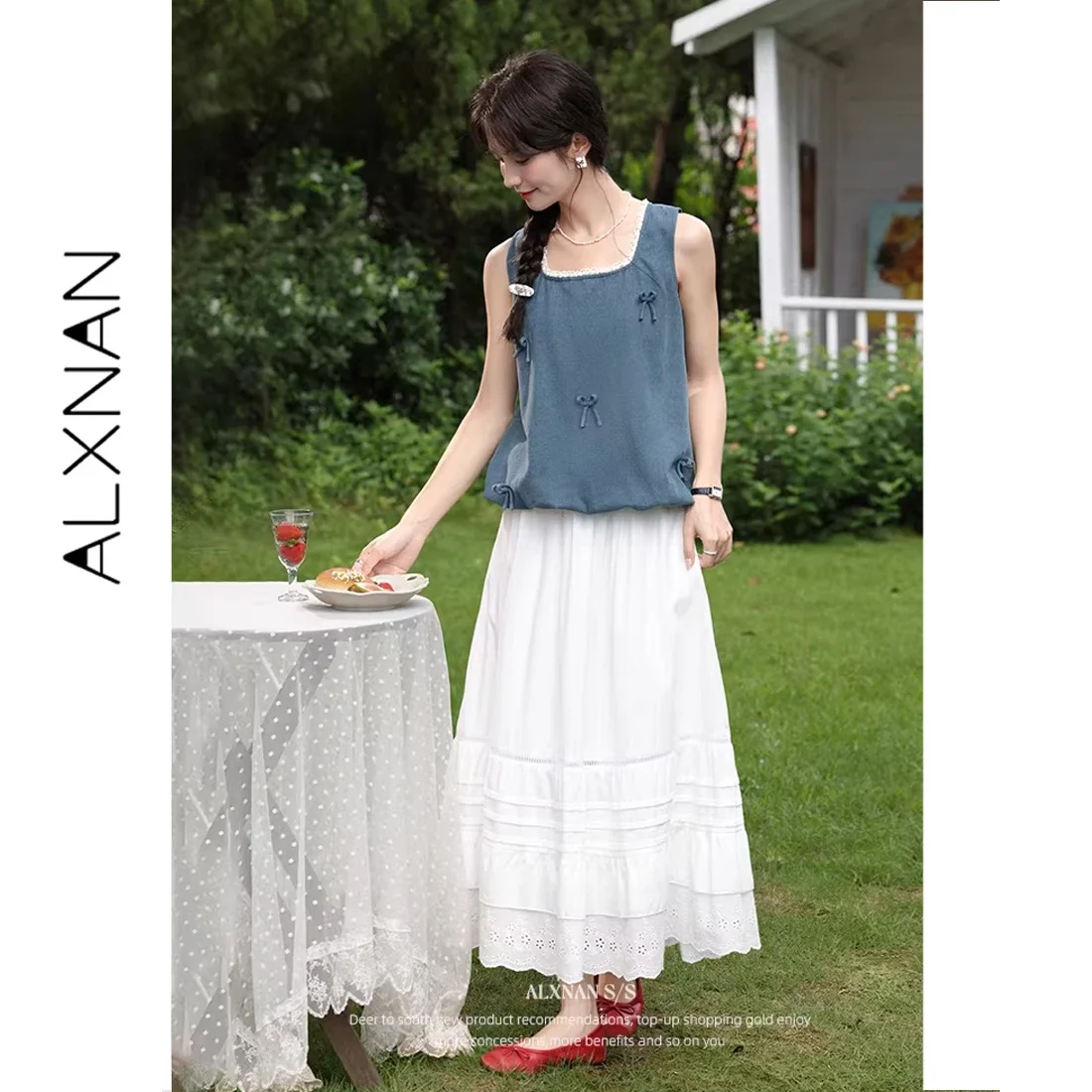 ALXNAN Women's Tank Tops 2026 Summer Denim Blue Elegant 3D Bow Design Sleeveless Tops Sweet Loose Fit Cotton Tops Female L53971