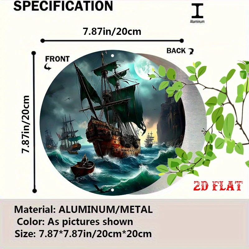 2D Flat Retro Pirate Ship Sailing on Stormy Sea Round Aluminum Sign,7.8x7.8 Inches,Indoor Wall Decor for Living Room,Café,Beach