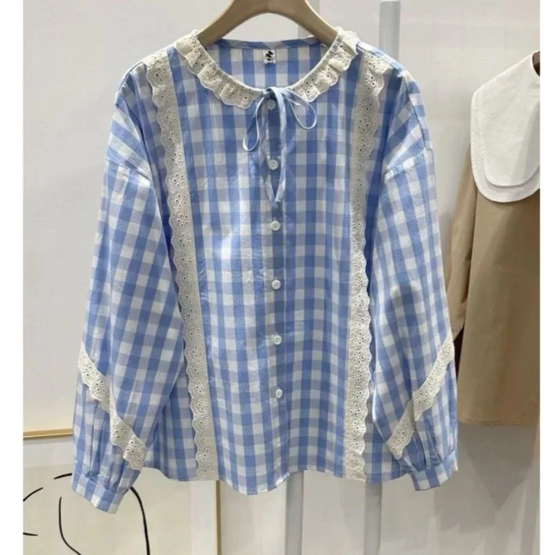 

Осенняя новая сине-белая клетчатая блузка с длинными рукавами, художественный сладкий абрикосовый кружевной элегантный топ