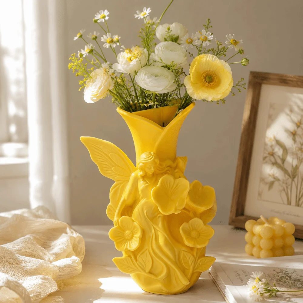 Cute 3D Printed Fairy Vase Artistic Shape Forest Style Elf Emboss Vase Flower Arrangement Decoration Floral Container Office
