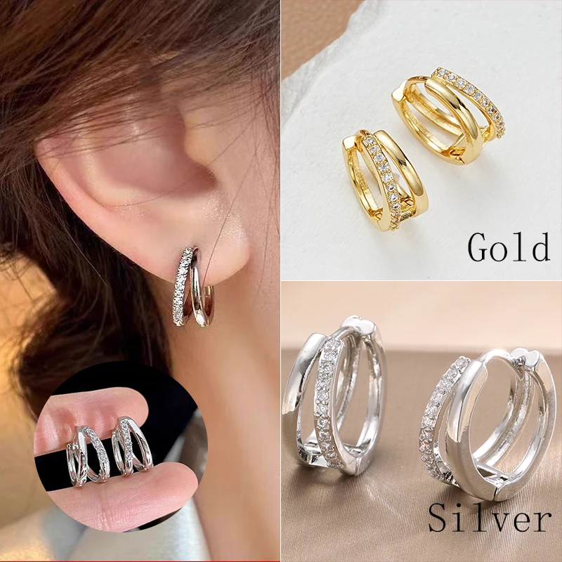 Trendy zilveren kleur dubbellaags zirkoon oorbellen voor dames mode Koreaanse eenvoudige cirkel hoepels oorbellen partij bruiloft sieraden