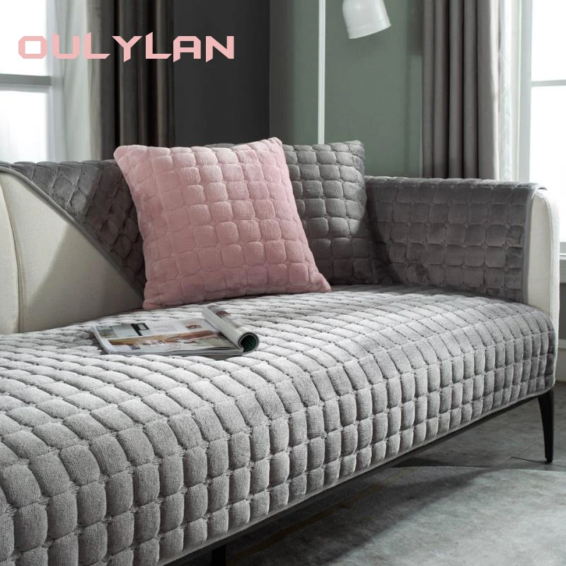 Oulylan Solid Color Non-slip Sofa Cover Thicken Soft Plush Sofa Cushion Towel for Living Room Furniture Decor Slipcovers Couch C