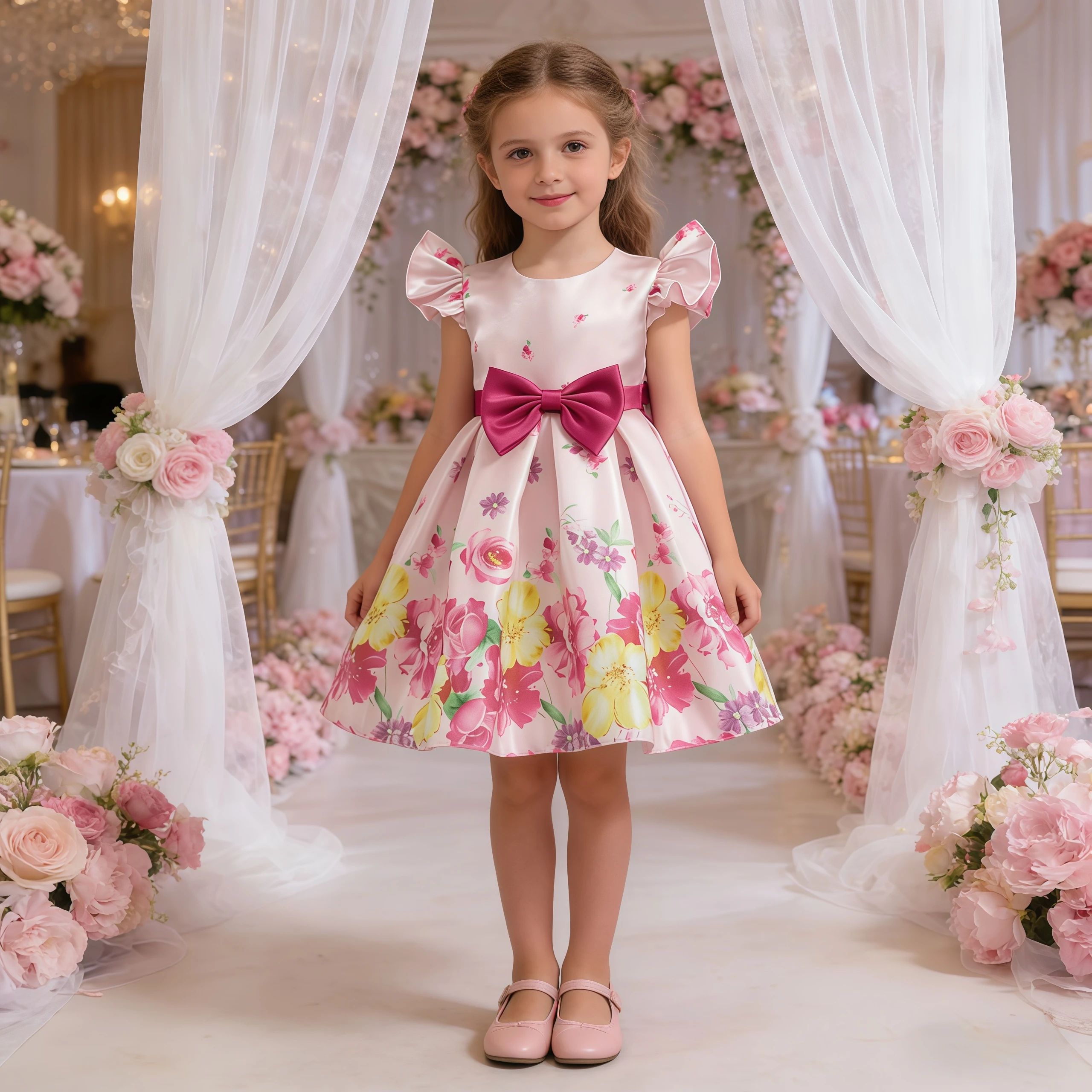 

Elegant Girls Satin Dress Flying Sleeve Big Bow Flower Princess Party Gown For Kids Wedding Birthday Formal Occasion Vestidos