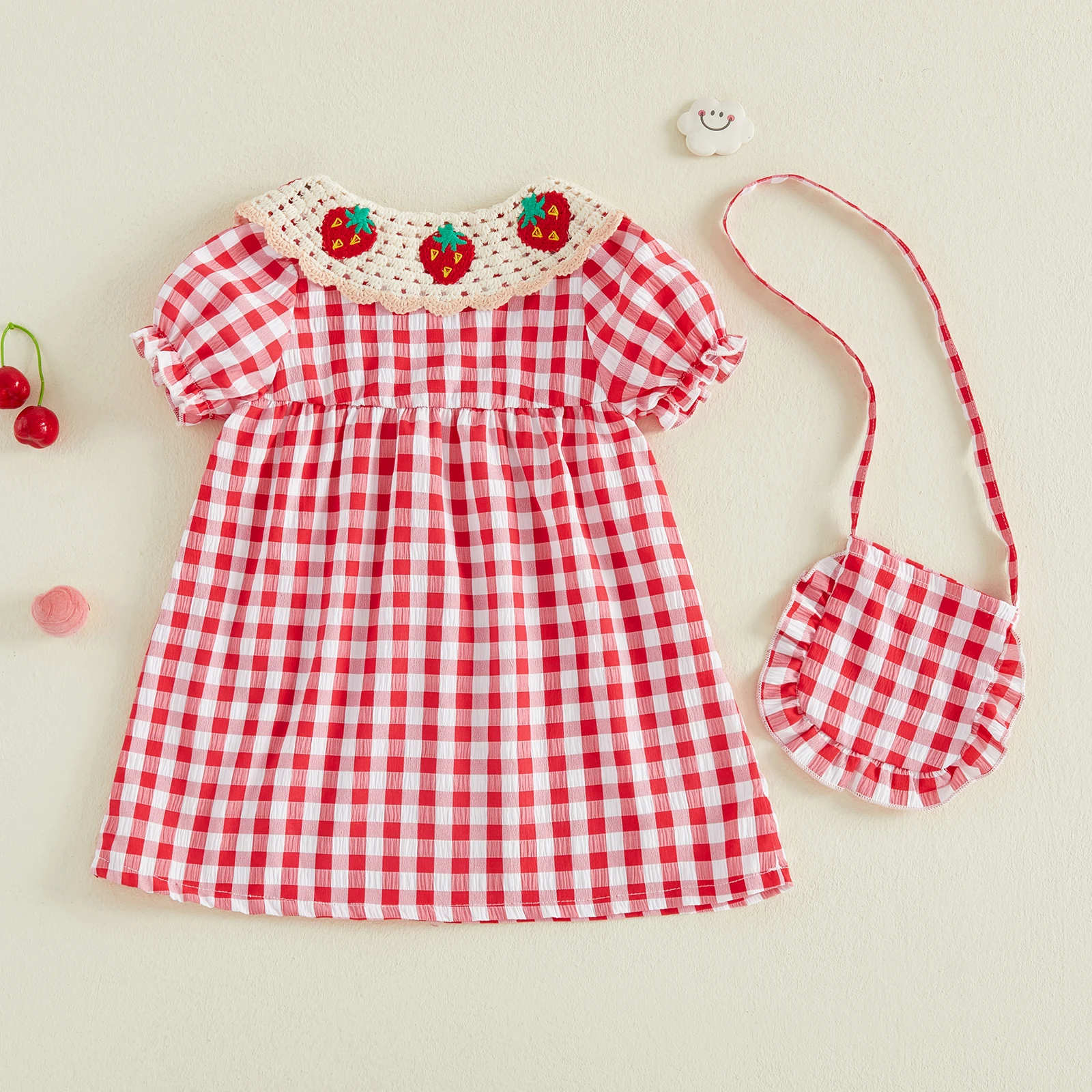 Toddler Baby Girls Summer Dress Sets,Cute Short Puff Sleeve Strawberry Plaid Knit Doll Collar A-Line Dress with Shoulder Bag
