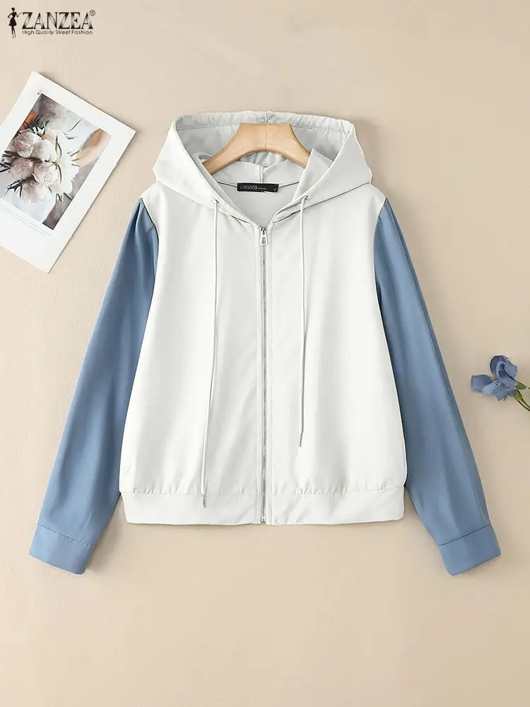 

ZANZEA Women Autumn Coats 2025 Stylish Long Sleeve Hooded Jackets Zipper Hoodies Coats Casual Loose Patchwork Outwears Jackets