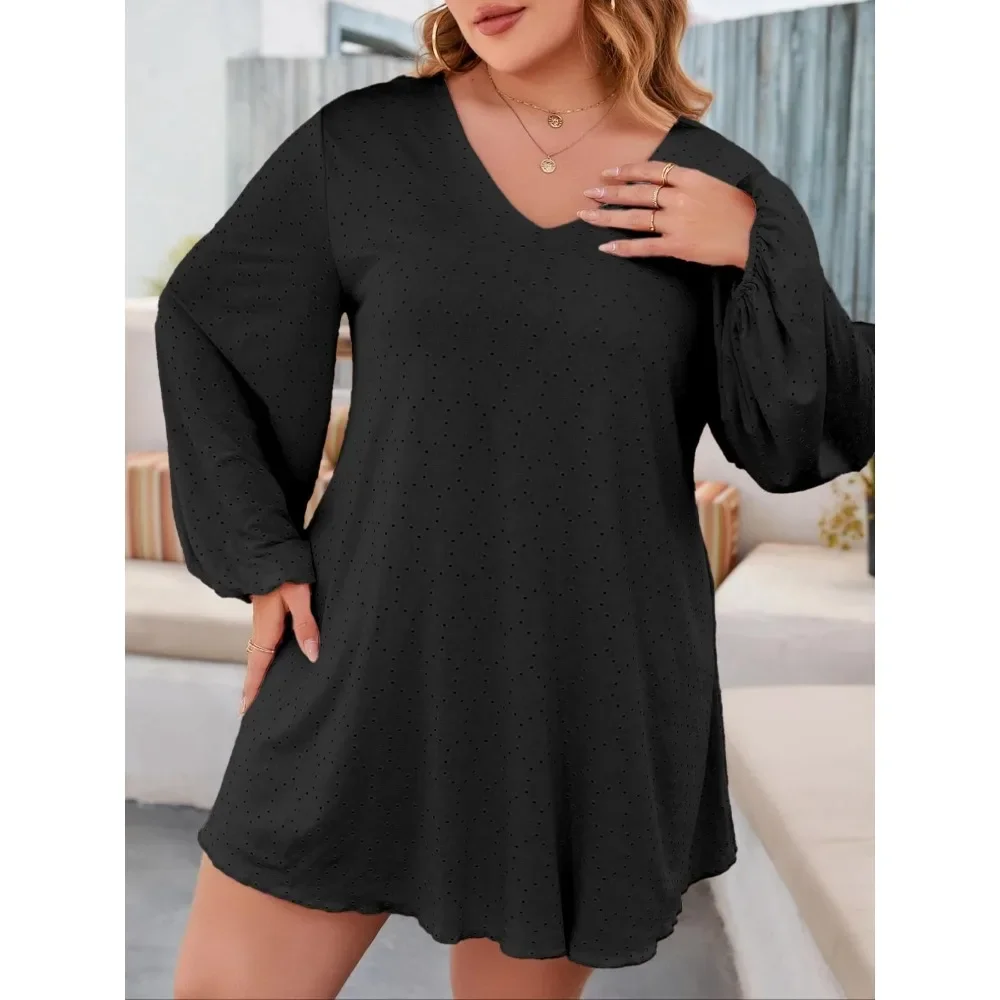 Плюс размер 1XL-5XL, женское однотонное платье с круглым вырезом, весенне-осеннее платье, многофункциональная женская свободная мини-юбка с длинным рукавом