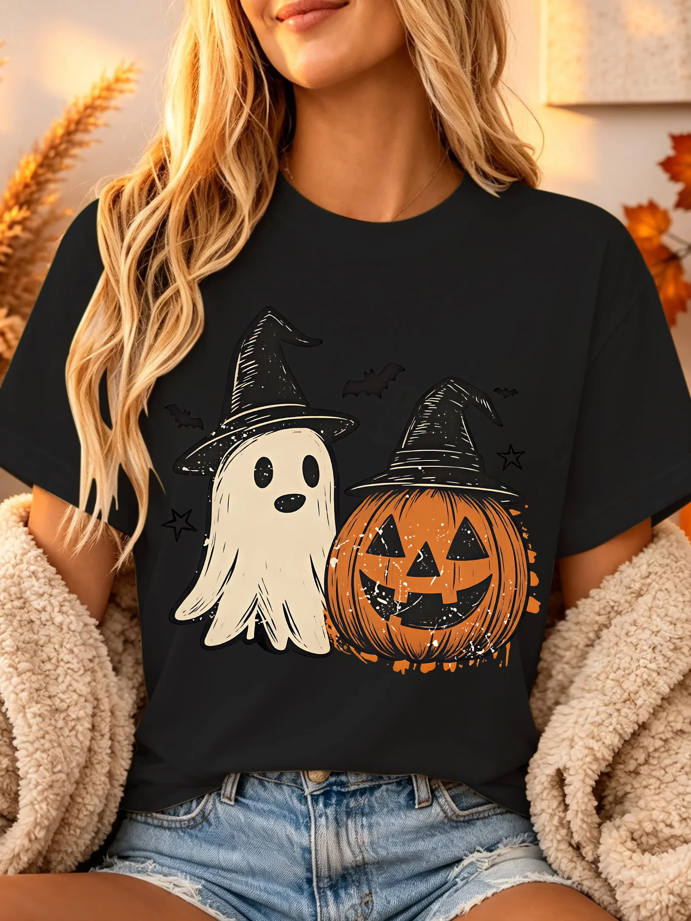 Halloween Ghost Witch Hat Pumpkin Womens Crew Neck Short Sleeve T Shirt Spooky Bat Casual Graphic Tees For Ladies Daily Wear