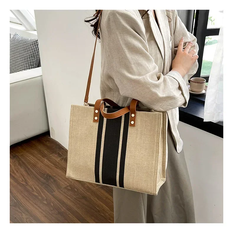 

Сумки на плечо, холщовые сумки в полоску с декором, сумки-ведра, женская большая сумка с верхней ручкой, большая вместительная повседневная сумка через плечо