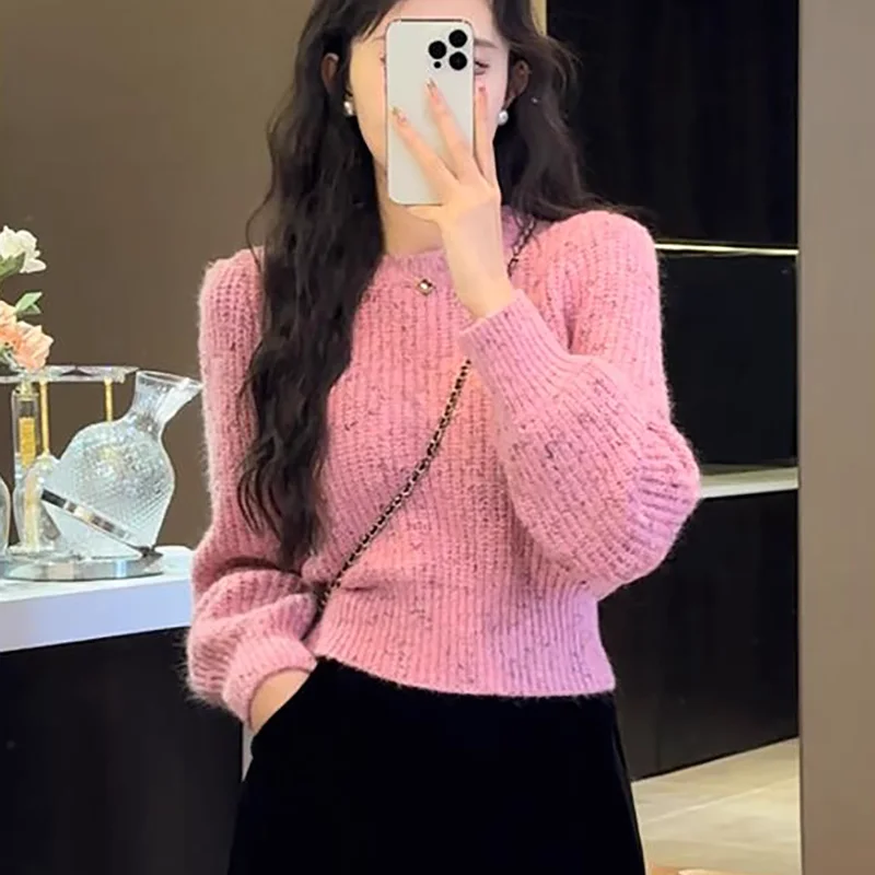 Korean Fashion Autumn Winter Women Solid O-Neck Bright Silk Screw Thread Pullover Sweater Fleece Thicken Long Sleeve Knitted Top